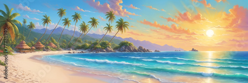 A beautiful beach scene with a sunset, palm trees, and the ocean. The beach is sandy, and the water is calm, creating a serene atmosphere.