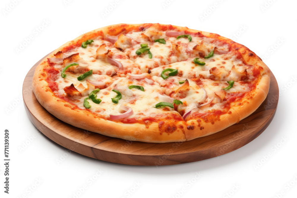 Full Pizza with Ham and Green Peppers on Wooden Board, Italian Cuisine.