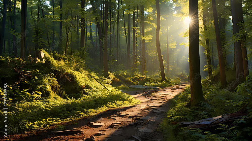 Obraz premium Footpath in a dense forest on a sunny day
