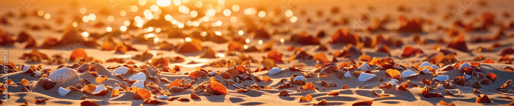 A sandy beach with a variety of rocks scattered throughout the sand. The sun is shining brightly, casting light on the scene and creating a beautiful atmosphere. A sandy beach with a variety of rocks scattered throughout the sand. The sun is shining brightly, casting light on the scene and creating a beautiful atmosphere.