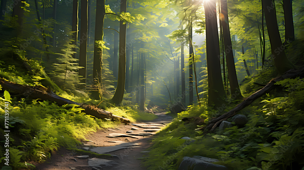 Fototapeta premium Footpath in a dense forest on a sunny day