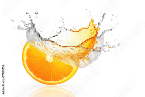 Dynamic Splash of Orange Juice from a Sliced Half on a White Background.