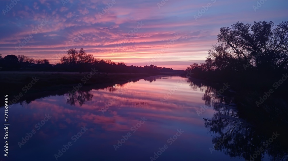 A calm river reflecting the colors of the sky at dawn  raw AI generated illustration