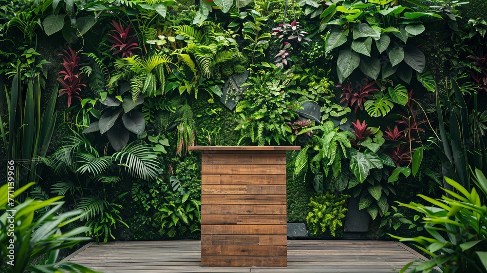 A backdrop of greenery highlights a wooden podium for a captivating presentation  AI generated illustration