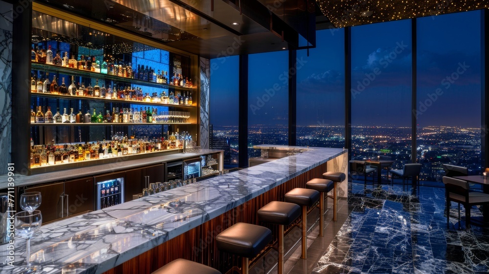 A chic bar area with a marble countertop and a stunning view of the city lights  AI generated illustration