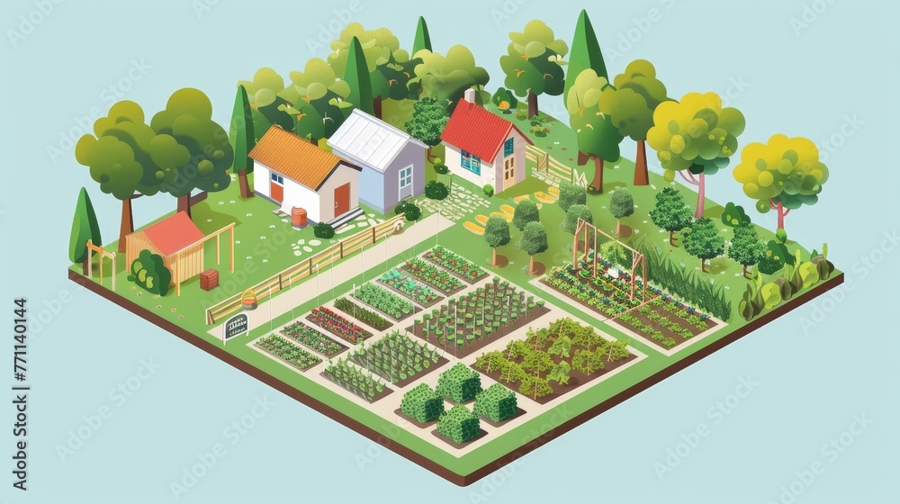 A depiction of a community garden with plots tended by volunteers AI generated illustration A depiction of a community garden with plots tended by volunteers AI generated illustration