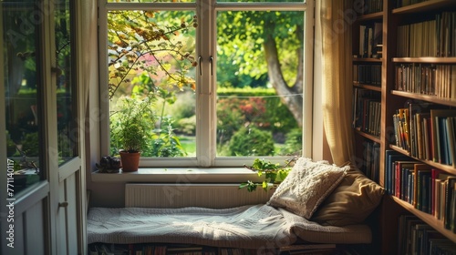 A cozy reading nook with a window seat and a view of a peaceful garden  AI generated illustration photo