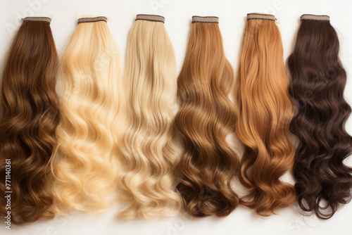 Assortment of Wavy Hair Extensions in Various Colors Laid Out on a White Background.