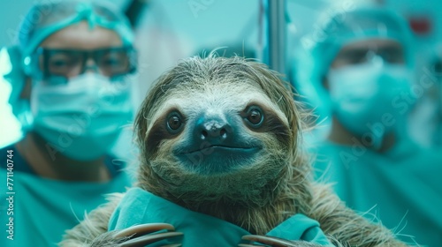 Surgeon Sloths Cinematic shots of sloths performing mock surgeries or medical procedures donning surgical masks and scrubs with amusing seriousness  AI generated illustration photo