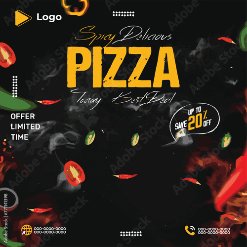 Delicious pizza advertisement for a pizza called grilled cheese pizza social media post templat | Delicious pizza and food menu social media banner post design template | Delicious fast food Post	 photo