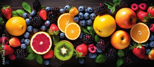 The table is filled with a variety of natural foods such as fruits and berries. These whole foods are packed with nutrients and are great ingredients for any cuisine photo