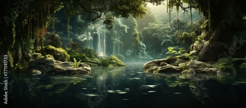 A serene river flowing through a lush forest, with a majestic waterfall cascading in the background, surrounded by terrestrial plants and trees