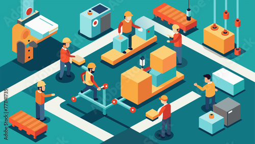 An overhead shot of workers on the factory floor carefully retooling machinery and rearranging equipment to optimize efficiency as