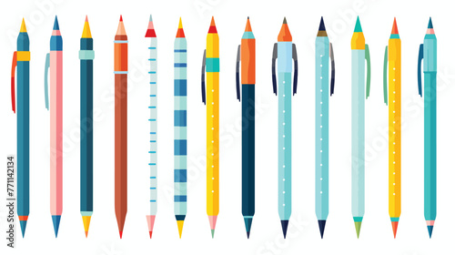 Flat vector set of colorful pens and pencils. Stati photo