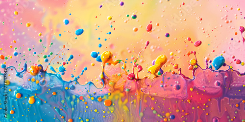 Energetic droplets in a colorful splash, embodying joy and vitality. photo