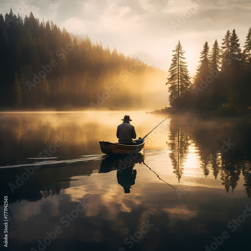 A fisherman casting a line into a calm lake.
