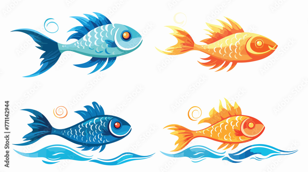 Four versions of vector waves and fish in sun on wh