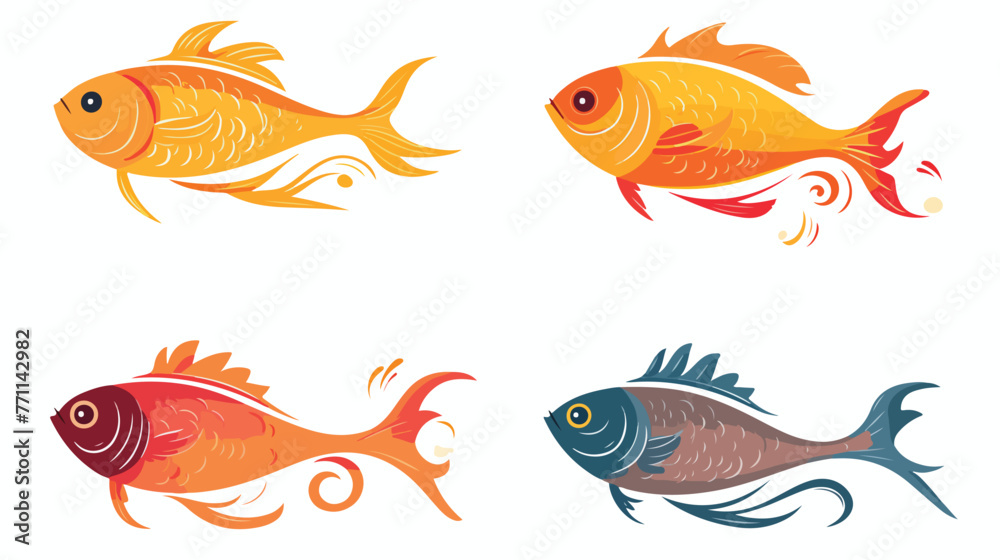 Four versions of vector waves and fish in sun on wh