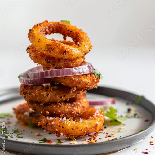 Side shot of Indian street style onion rings and veggies frying in sizzling oil flavorful aroma