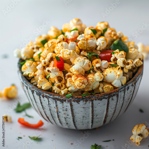 Side shot of Indian street-style popcorn with veggies, mouthwatering street food delight