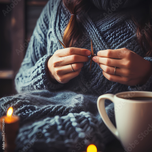 A pair of hands knitting a cozy scarf. photo