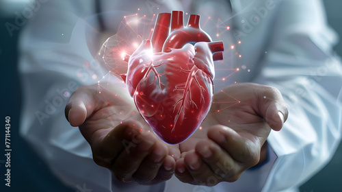 Man holding heart organ as medical study. Medical technology network concept.