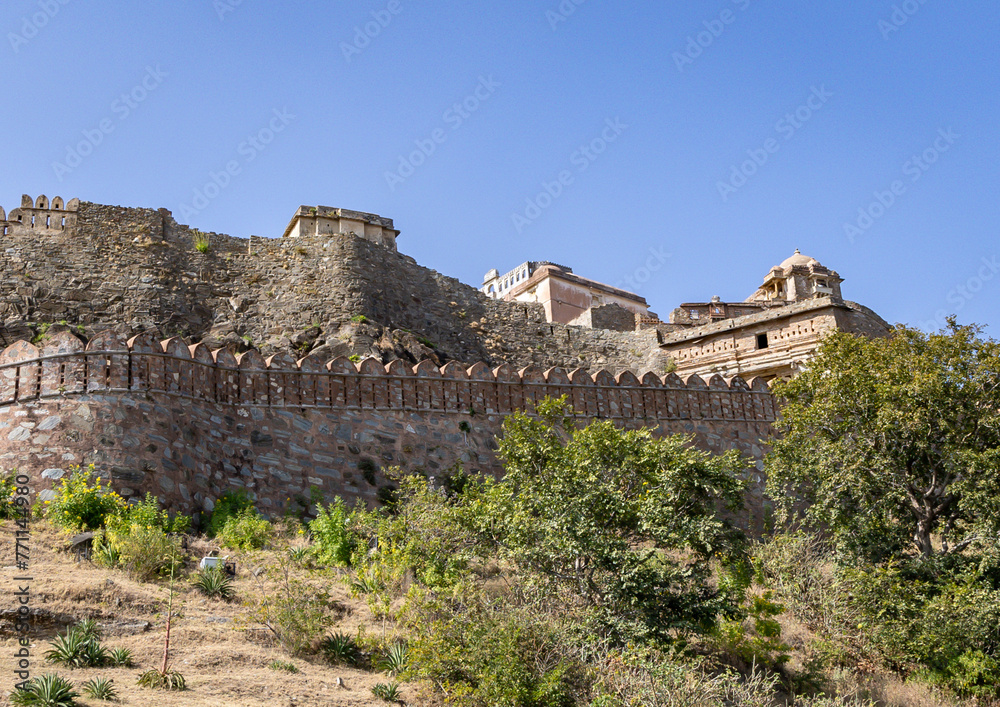 ancient fort wall ruins with bright blue sky at morning