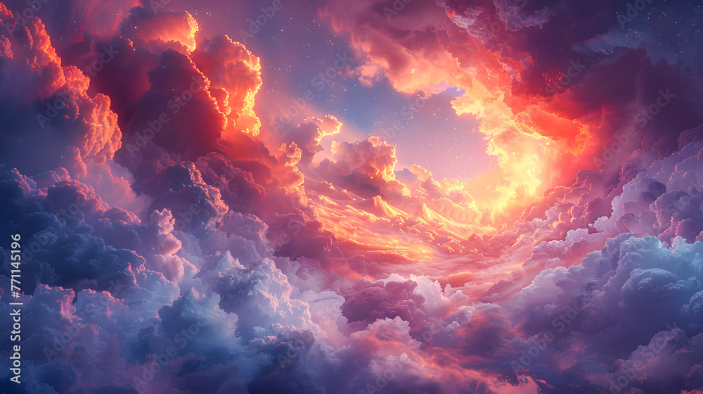 A vibrant sunset painting the clouds in shades of pink, orange, and purple against a deep blue sky