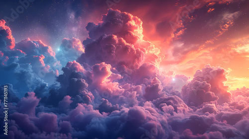 A fantasy sky with a star-studded backdrop, featuring clouds bathed in the warm glow of a sunset, blending day and night