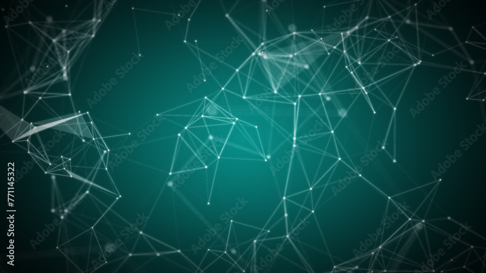 Green techno-style background with abstract shapes formed by lines and dots Green techno-style background with abstract shapes formed by lines and dots