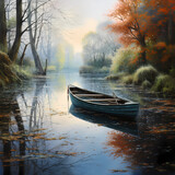 A tranquil river scene with a small boat and reflective surface