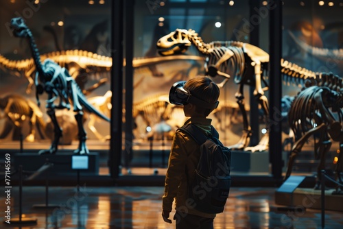 A young, curious child is immersed in a prehistoric world through virtual reality, standing in awe before the towering skeletons of ancient dinosaurs on display.  © Peeradontax