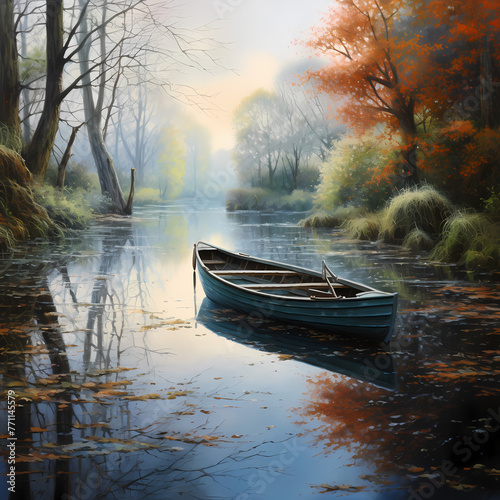 A tranquil river scene with a small boat and reflective surface © Cao