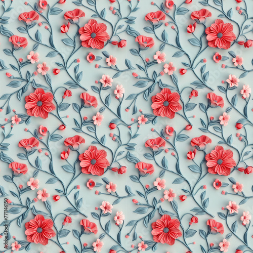 Floral embroidery from knitting wool, seamless pattern.