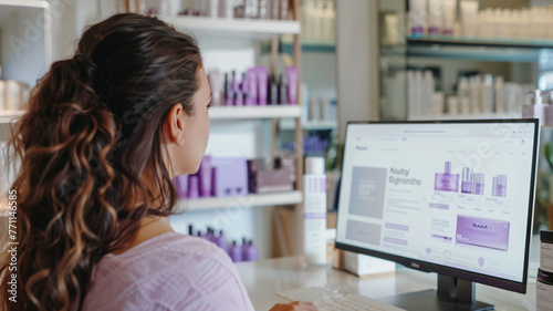 A woman sitting in a hair product office at a desk with a computer.