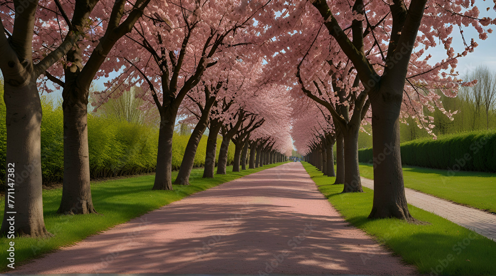 beautiful pink flowering cherry tree avenue in Holzweg, Magdeburg, Saxony-Anhalt, Germany, footpath under sunny arch of cherry blossoms.generative.ai
