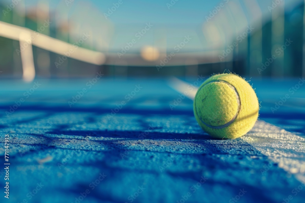 Lone tennis ball on blue court with sunlight - Striking image of a tennis ball on a sunlit textured blue court, showcasing the game's solitary moments