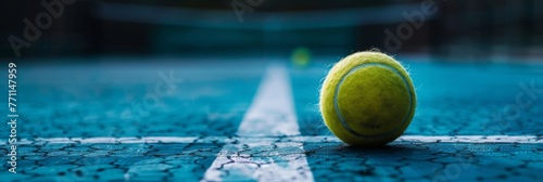Tennis ball on a blue cracked court - A lone, yellow tennis ball rests on the painted blue surface of a hard tennis court with white lines