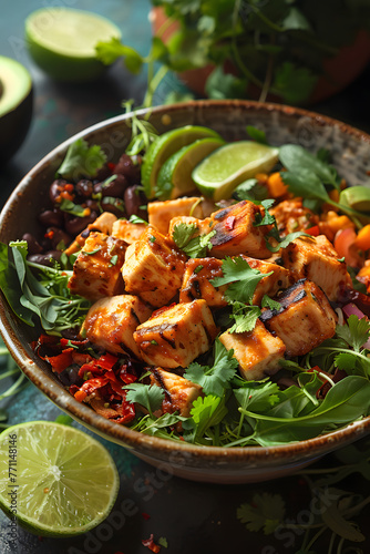 A vibrant bowl of food featuring tofu, black beans, avocado, and cilantro, placed on a table. The perfect blend of plantbased ingredients, leafy greens, and fresh produce