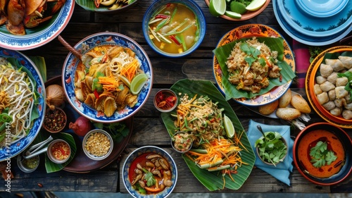Aerial view of assorted Thai dishes on a table - This image captures an array of Thai cuisine spread on a wooden table with plates and bowls filled with various dishes