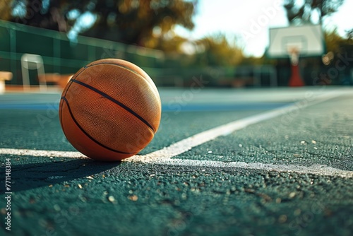 Basketball on outdoor court near basketball hoop - Vibrant detailed image showing a basketball on an outside court with a view of the hoop in the background © Tida