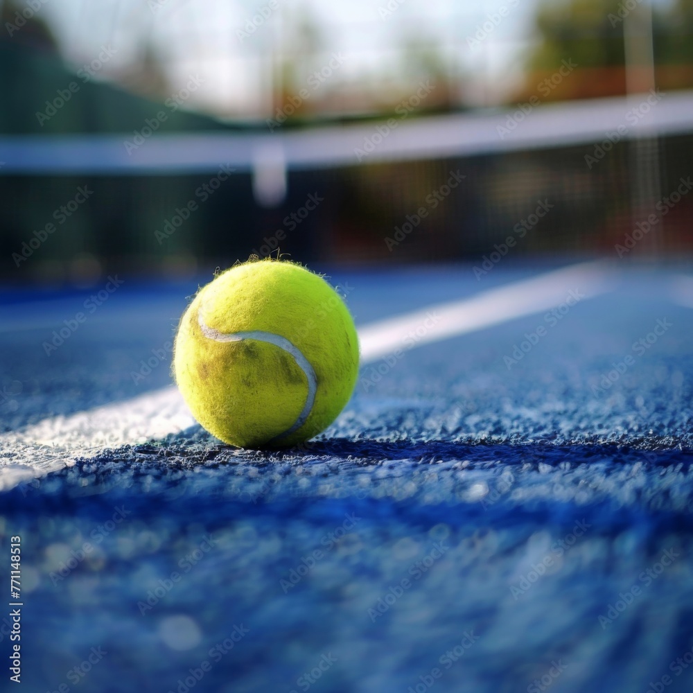 Tennis ball on the blue court near the net - A macro shot of a tennis ball on a blue hard court surface by the white line, emphasizing speed and agility