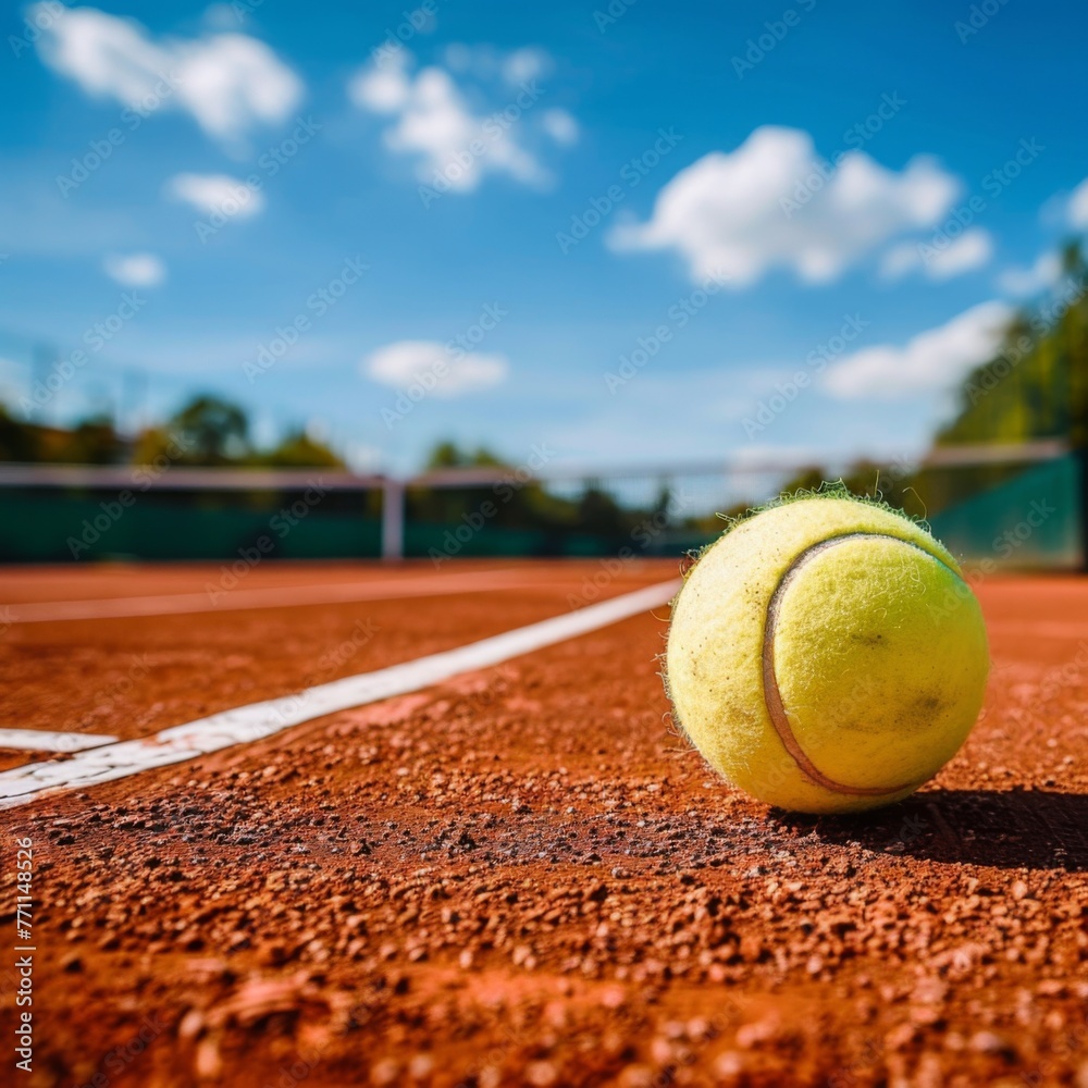Tennis ball on the corner of the court line - A striking image featuring a tennis ball right on the corner where the court boundary lines intersect on a sunny day