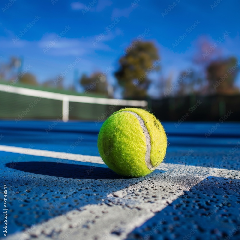 Tennis ball resting on blue hard court line - A fresh yellow tennis ball sits on a bold blue boundary line of a hard court with the tennis net in the distance