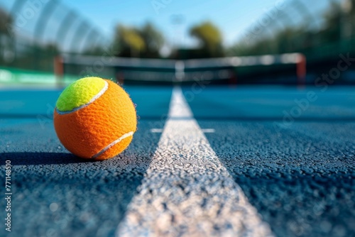 Tennis ball on the boundary line of the court - A detailed and vivid image of a tennis ball lying on the court's boundary line with a bokeh background © Tida