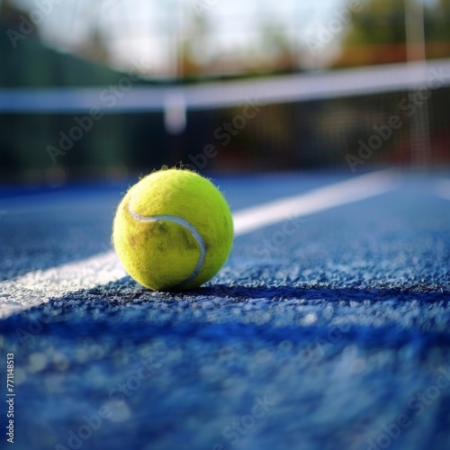 Tennis ball on the blue court near the net - A macro shot of a tennis ball on a blue hard court surface by the white line, emphasizing speed and agility