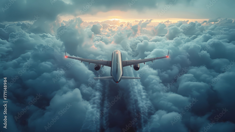 Fototapeta premium Airplane overtaking clouds, utilizing rear curtain sync for dynamic motion effect, editorial photography