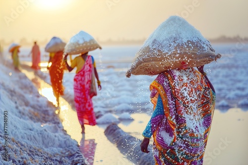 Indian women harvesting mining salt in salt lake photo