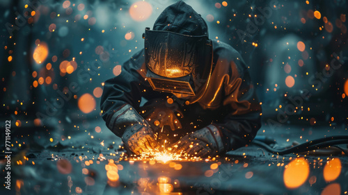 Welder performing intricate metalwork under bright sparks