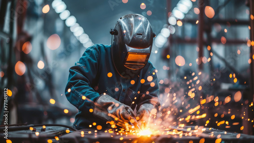 Welder performing intricate metalwork under bright sparks